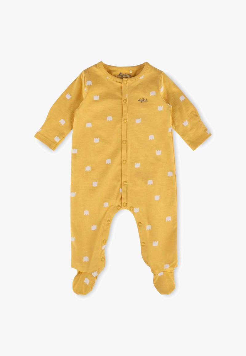 Tutina gialla in morbido cotone, con motivo a corona bianca, maniche lunghe, design con piedi e chiusura frontale con bottoni automatici.