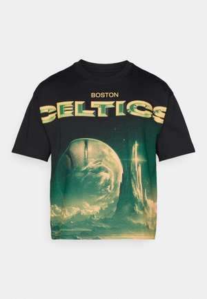 Black cotton t-shirt featuring a Boston Celtics graphic with green and yellow text and a cosmic-themed design including a basketball and celestial elements.
