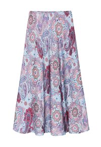 Jupe évasée en tissu bleu clair ornée d'un motif paisley coloré avec des designs floraux roses, rouges et élaborés tout au long.