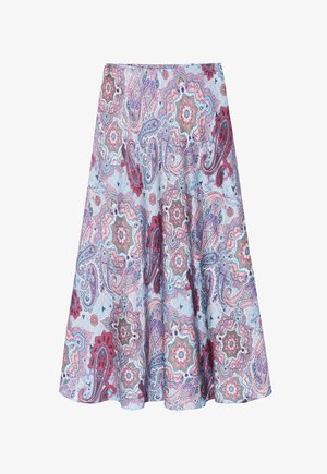 Kergendav seelik helesinisest kangast, millel on värvikas paisleemuster koos roosade, punaste ja keerukate lillemusteritega.