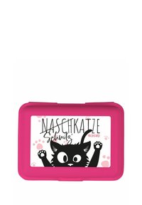 Contenitore di plastica rosa con bordi arrotondati, raffigurante un design con un gatto cartone nero, con la scritta "NASCHKATZE" e impronte di zampa su uno sfondo bianco.