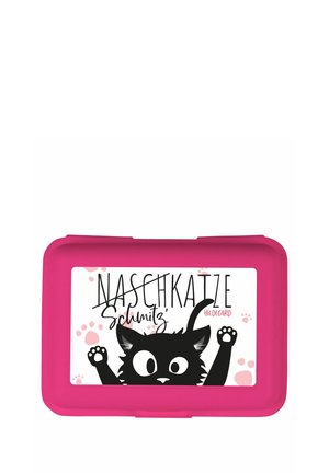 Pink plastic container with rounded edges, featuring a black cartoon cat design, text reading "NASCHKATZE" and paw prints on a white background.