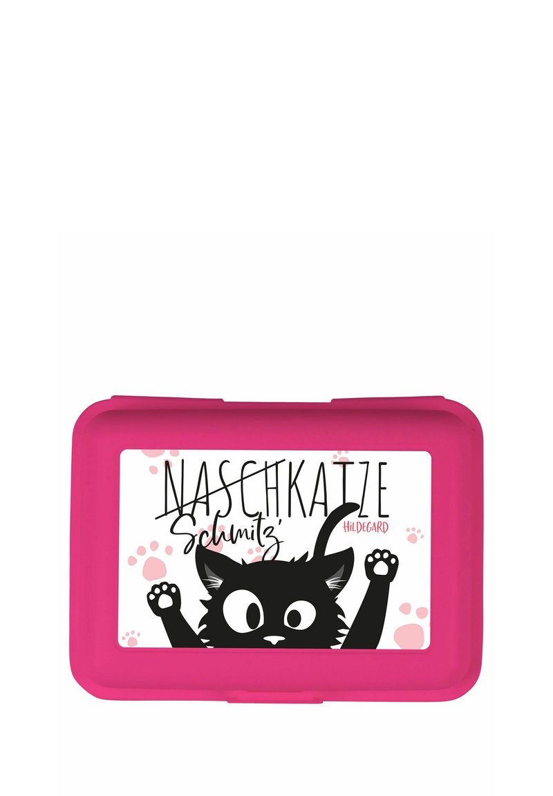 Contenitore di plastica rosa con bordi arrotondati, raffigurante un design con un gatto cartone nero, con la scritta "NASCHKATZE" e impronte di zampa su uno sfondo bianco.