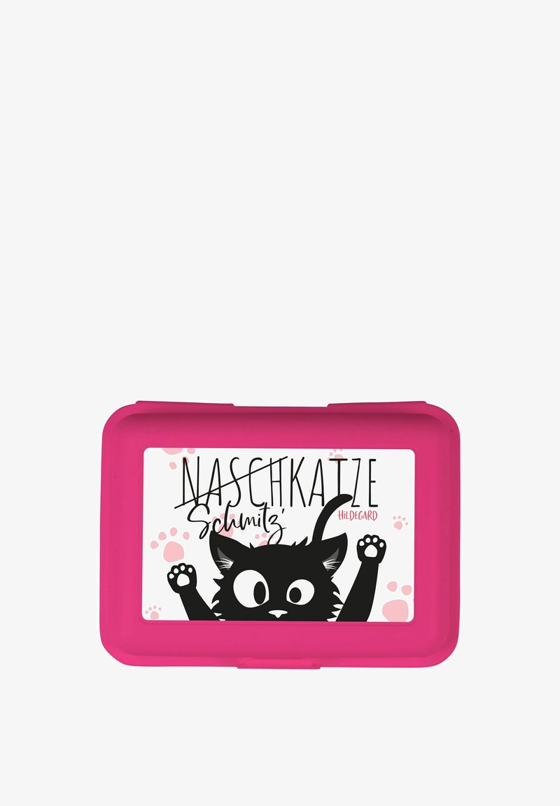 Contenitore di plastica rosa con bordi arrotondati, raffigurante un design con un gatto cartone nero, con la scritta "NASCHKATZE" e impronte di zampa su uno sfondo bianco.