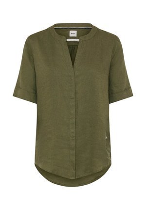 Blouse en lin vert olive à manches courtes, col sans col, boutonnée devant avec un ourlet arrondi.