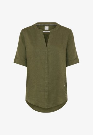 Olivgrüne Leinenbluse mit kurzen Ärmeln, kragenlosem Ausschnitt, durchgehender Knopfleiste und abgerundetem Saum.