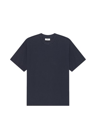 Plain dark navy blue short-sleeve crew neck T-shirt laid flat on white background.