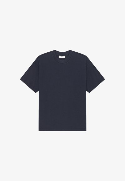 Plain dark navy blue short-sleeve crew neck T-shirt laid flat on white background.