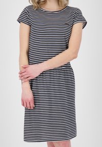 Raidallinen mekko tummansinisestä ja valkoisesta, lyhyet hihat, pyöreä pääntie, joustava vyötärö, polvipituinen, valmistettu pehmeästä puuvillasekoitekankasta.