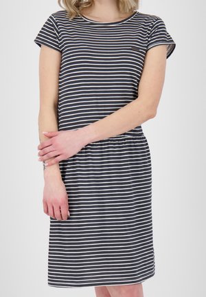 Abito a righe navy e bianco, maniche corte, scollatura rotonda, vita elastica, lunghezza al ginocchio, realizzato in morbidissimo tessuto misto cotone.