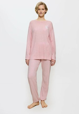 Light pink pajama set featuring a long-sleeve top with a round neckline and embroidered floral detail, paired with matching tapered pants.