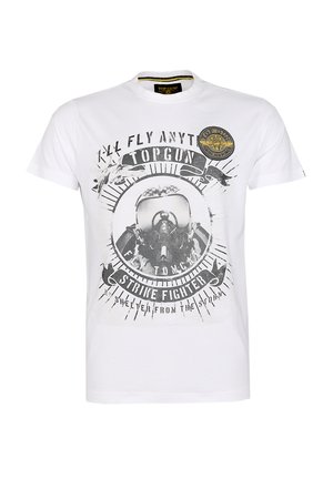 Witte katoenen t-shirt met een geprinte afbeelding van een pilotenmasker, de tekst "TOPGUN," en grafische accenten in zwart en grijs.