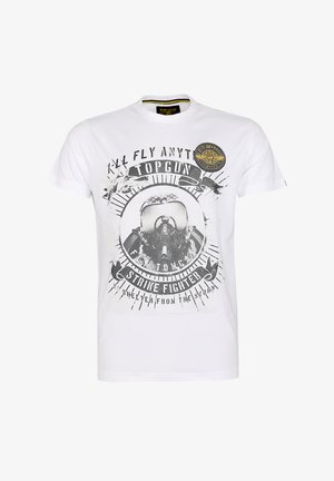 Witte katoenen t-shirt met een geprinte afbeelding van een pilotenmasker, de tekst "TOPGUN," en grafische accenten in zwart en grijs.