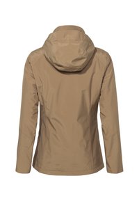 Giacca beige impermeabile con cappuccio, maniche lunghe e una texture liscia. Presenta cuciture angolate per un look aderente.