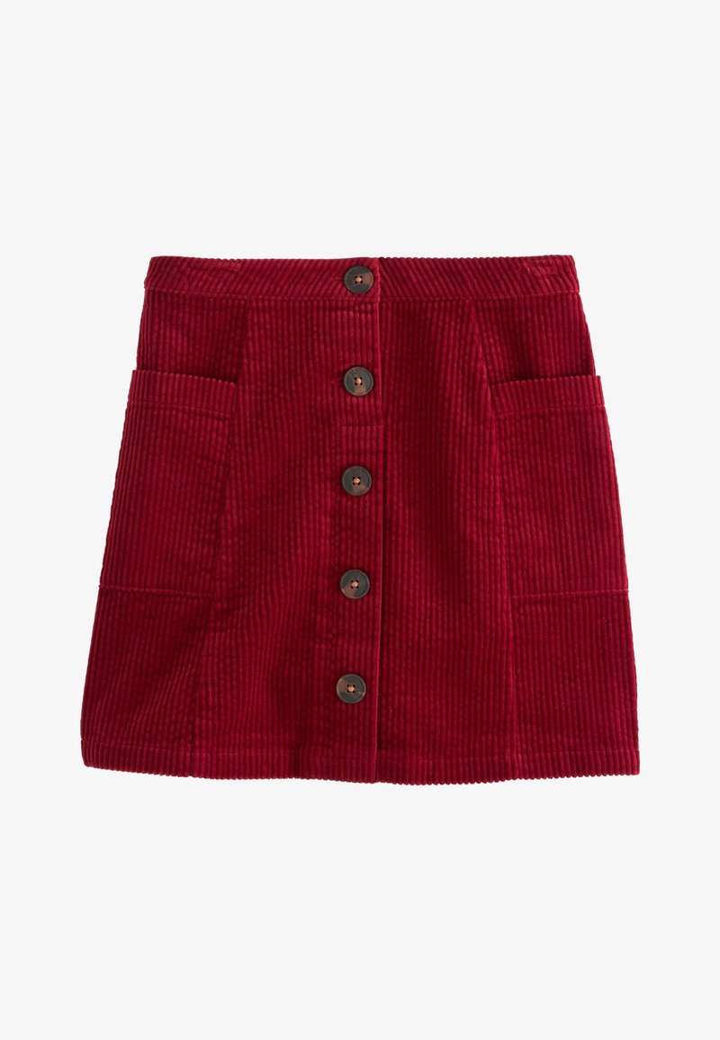 Jupe en velours côtelé rouge avec fermeture à boutons devant et deux grandes poches latérales, coupe droite au-dessus du genou.