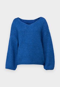 Blå stickad tröja med V-ringning, breda långa ärmar och strukturerad tyg. Designen har en löst sittande passform och en ribbad avslutning.