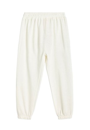 Pantalones de chándal blancos hechos de una tela suave y flexible. Cuentan con una cinturilla elástica y puños elásticos en los tobillos. Textura suave en todo su conjunto.