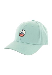 Casquette de baseball turquoise clair avec une couronne arrondie, une visière courbée et un patch logo brodé représentant une silhouette et le texte "JOTT".