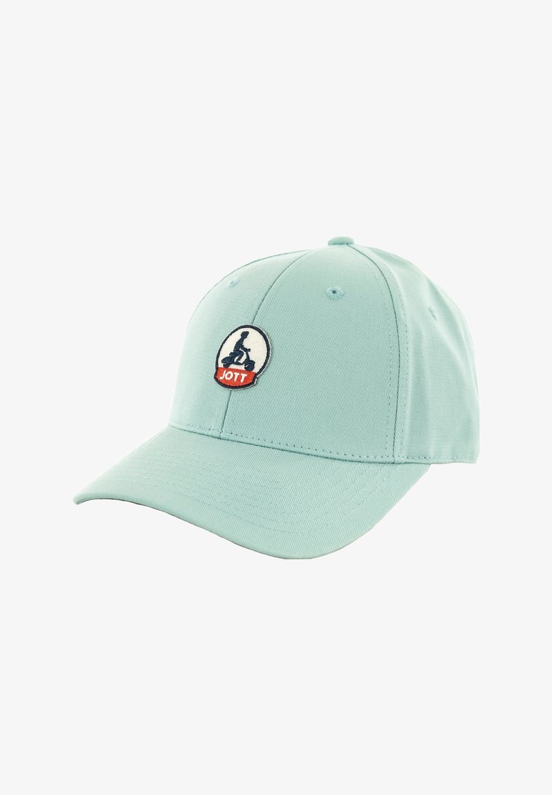 Casquette de baseball turquoise clair avec une couronne arrondie, une visière courbée et un patch logo brodé représentant une silhouette et le texte "JOTT".