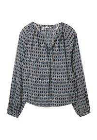 Blouse à manches longues avec un fond bleu marine, présentant un motif géométrique en beige et bleu clair, et un col froncé.