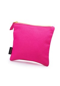 Fuchsia Leinensäckchen mit strukturierten Oberfläche und goldenem Reißverschluss. Es hat ein kleines schwarzes Etikett an der Seite.