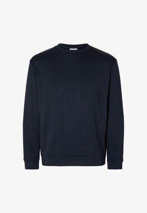 Tumedast sinine sweatshirth pehmest kangast, ümar kaelus, pikad varrukad ning ribaga lõpetatud varrukate ja alläärega. Lihtne ja kindel disain.
