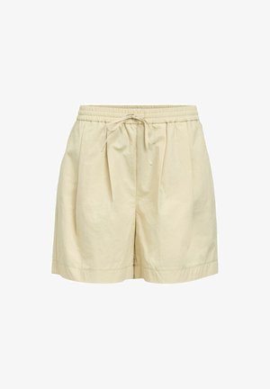 Béžové voľné krátke nohavice s elastickým pásom a sťahovacou šnúrkou, s vreckovými záhybmi vpredu a rovný lem.