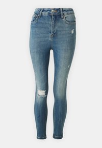 Slim fit jeans v srednje modrem denimu, z visokim pasom, raztrganimi akcenti na kolenih, svetlim izbledelem in klasičnim pet-žepnim dizajnom.