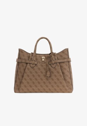 Borsa a mano marrone con motivo a fantasia e materiale testurizzato, due manici superiori e un dettaglio logo in metallo. Include un portachiavi staccabile.