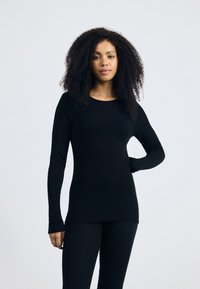 Zwarte lange mouwen top van rekbaar materiaal, met een ronde halslijn en een aansluitend ontwerp. Soepele textuur en naadloze constructie.