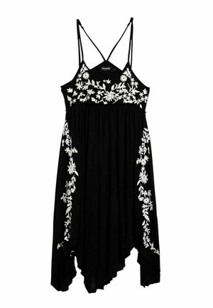 Must kleit ilma varrukateta, valge lilleline tikand rinnaosas ja külgedel, õhukeste rihmade ja asümmeetrilise äärega.