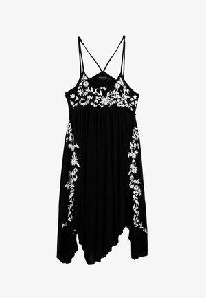 Abito nero senza maniche con ricamo floreale bianco sul corpetto e sui lati, con spalline sottili e orlo asimmetrico.