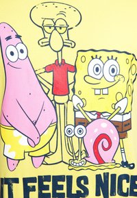 Patrick Star, Squidward, SpongeBob, and Gary the snail stand together on a yellow background with partial black text below them.
