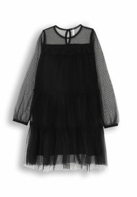 Czarna sukienka z tiulu z długimi przezroczystymi rękawami, warstwowym krojem, wzorem w kropki oraz okrągłym dekoltem z otworem w kształcie klucza z tyłu.