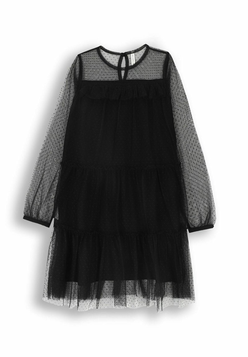 Czarna sukienka z tiulu z długimi przezroczystymi rękawami, warstwowym krojem, wzorem w kropki oraz okrągłym dekoltem z otworem w kształcie klucza z tyłu.