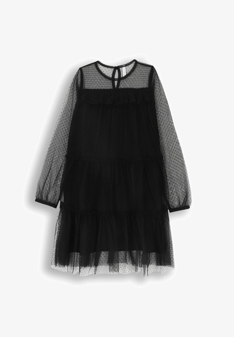 Czarna sukienka z tiulu z długimi przezroczystymi rękawami, warstwowym krojem, wzorem w kropki oraz okrągłym dekoltem z otworem w kształcie klucza z tyłu.