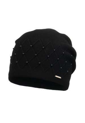 Berretto di maglia nero con un motivo a diamante testurizzato e perline nere. Presenta un piccolo tag metallico laterale.