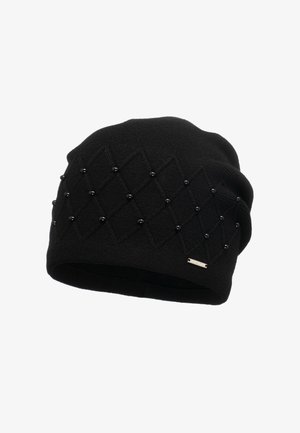Bonnet tricoté noir avec un motif en losange texturé et des perles noires. Possède une petite étiquette métallique sur le côté.