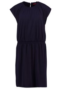 Robe bleu marine en tissu léger, avec un col rond, des manches courtes et une taille élastique pour un ajustement décontracté.