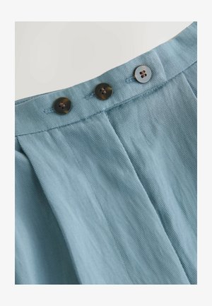 Light blue fabric with vertical pleats and two dark buttons at the waistband. Texture appears smooth and slightly ribbed.