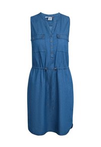 Džínové šaty bez rukávů, s výstřihem do V, předním zapínáním na knoflíky, dvěma náprsními kapsami a nastavitelným stahováním v pase. Modrá barva a hladká textura.