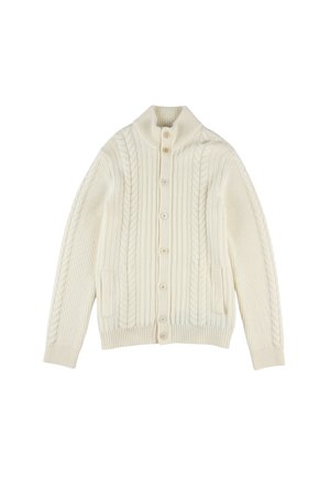 Cardigan crème en tricot câble avec un col haut, des manches longues, une fermeture à boutons sur le devant et deux poches latérales. Texture douce avec un ourlet côtelé.
