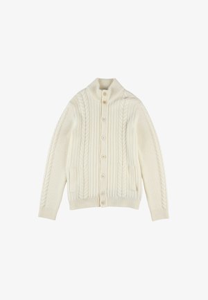 Cremfarbener Kabelstrick-Cardigan mit hohem Kragen, langen Ärmeln, vorderem Knopfverschluss und zwei Seitentaschen. Weiche Textur mit ribbedem Saum.