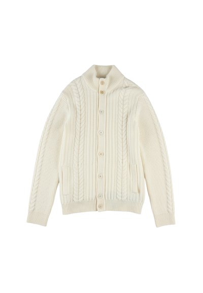 Crème kabelgebreide cardigan met een hoge kraag, lange mouwen, sluiting met knopen aan de voorkant en twee zijzakken. Zachte textuur met geribbelde onderkant.