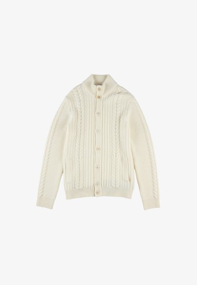 Crème kabelgebreide cardigan met een hoge kraag, lange mouwen, sluiting met knopen aan de voorkant en twee zijzakken. Zachte textuur met geribbelde onderkant.