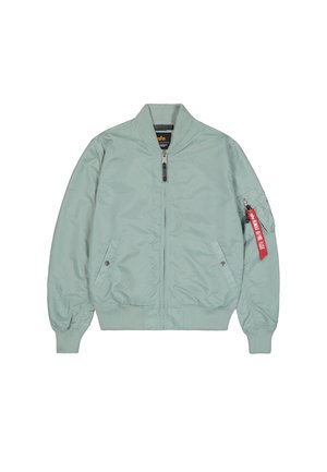 Μπουφάν τύπου bomber σε μέντα πράσινο χρώμα με κλείσιμο με φερμουάρ, ριμπ στα μανίκια και στο τελείωμα, πλαϊνές τσέπες και διακοσμητική κόκκινη ετικέτα στο μανίκι. Λείο ύφασμα.