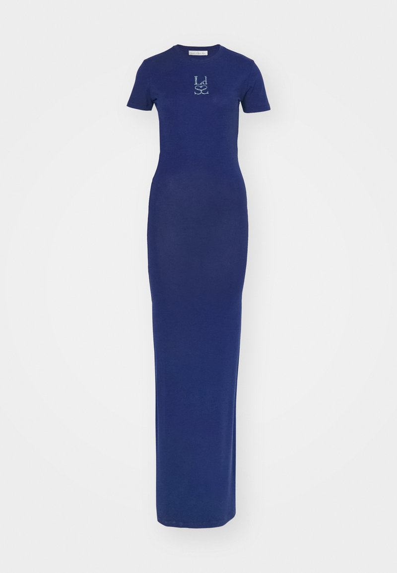 Navy blue jersey dress with a fitted silhouette, short sleeves, and a long, straight hem. Features a small logo detail on the chest.