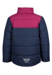 Gevoerde jas met een marineblauwe onderkant en mouwen, magenta bovenrug en reflecterende strepen nabij de onderste zoom, gezien vanaf de achterkant.