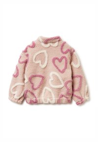 Rosa Fleece-Pullover mit weißen und lila Herzmustern, hohem Kragen, elastischen Bündchen und weichem, strukturiertem Stoff.