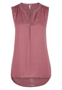Sleeveless mauve blouse with a round split neckline, gathered detail below collar, and curved hem longer at the back.